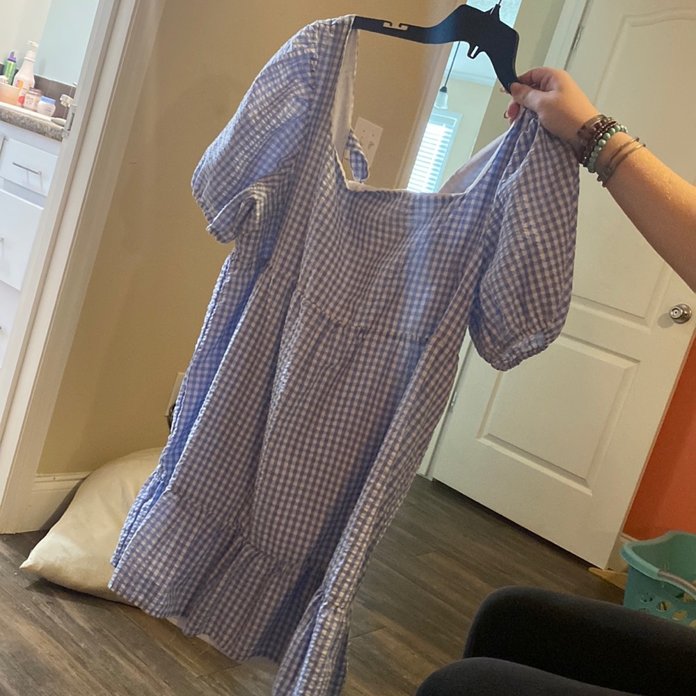 Blue & white dress.